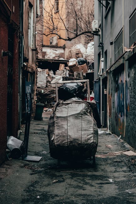 A narrow urban alleyway filled with various types of rubbish and waste materials. In the foreground, there is a large, weathered, black plastic bin bag or sack that appears to be filled and placed on the pavement. Behind the sack, a cluttered pile of cardboard boxes, paper bags, and other discarded packaging is stacked against a rough brick wall at the back of the alley. The walls on either side are covered with graffiti and peeling paint, with some visible cables and small utility boxes attached. The ground surface is dark, uneven, and stained with dirt and grime. In the background, bare tree branches extend overhead, and the building facades show signs of age and neglect, suggesting an area where private waste collection or on-site rubbish removal services may be employed rather than official public disposal. The overall scene conveys a sense of neglected urban space with accumulated waste awaiting removal, consistent with rubbish collection or waste management activities in a city environment.