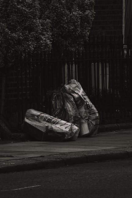 A photograph depicts three large, black plastic rubbish bags placed on a paved sidewalk near a black metal fence with vertical bars. The bags appear to contain lightweight waste materials and are loosely tied at the top, with one bag slightly leaning against the other two. The background includes a dense row of green foliage and a glimpse of a building structure behind the fence, suggesting an outdoor, urban environment. The scene is illuminated naturally, with soft shadows cast on the pavement, indicating daylight. The overall setting reflects an area where private waste collection or rubbish removal services, such as those provided by Rubbish Collection Belgravia, might offer alternative waste disposal options outside of regular municipal collection. The image captures a straightforward urban waste management scenario with clear emphasis on the rubbish bags and their placement on the roadside.